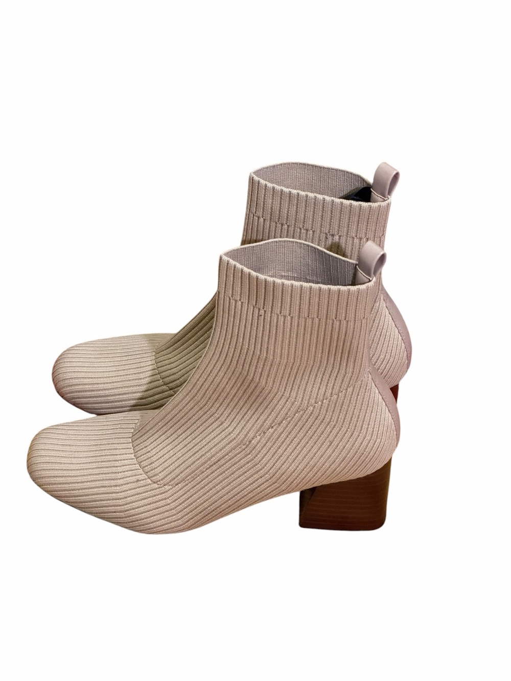 Saks Fifth Avenue Knit Sock Boots Beige Block Heel Ankle Booties Sz 6